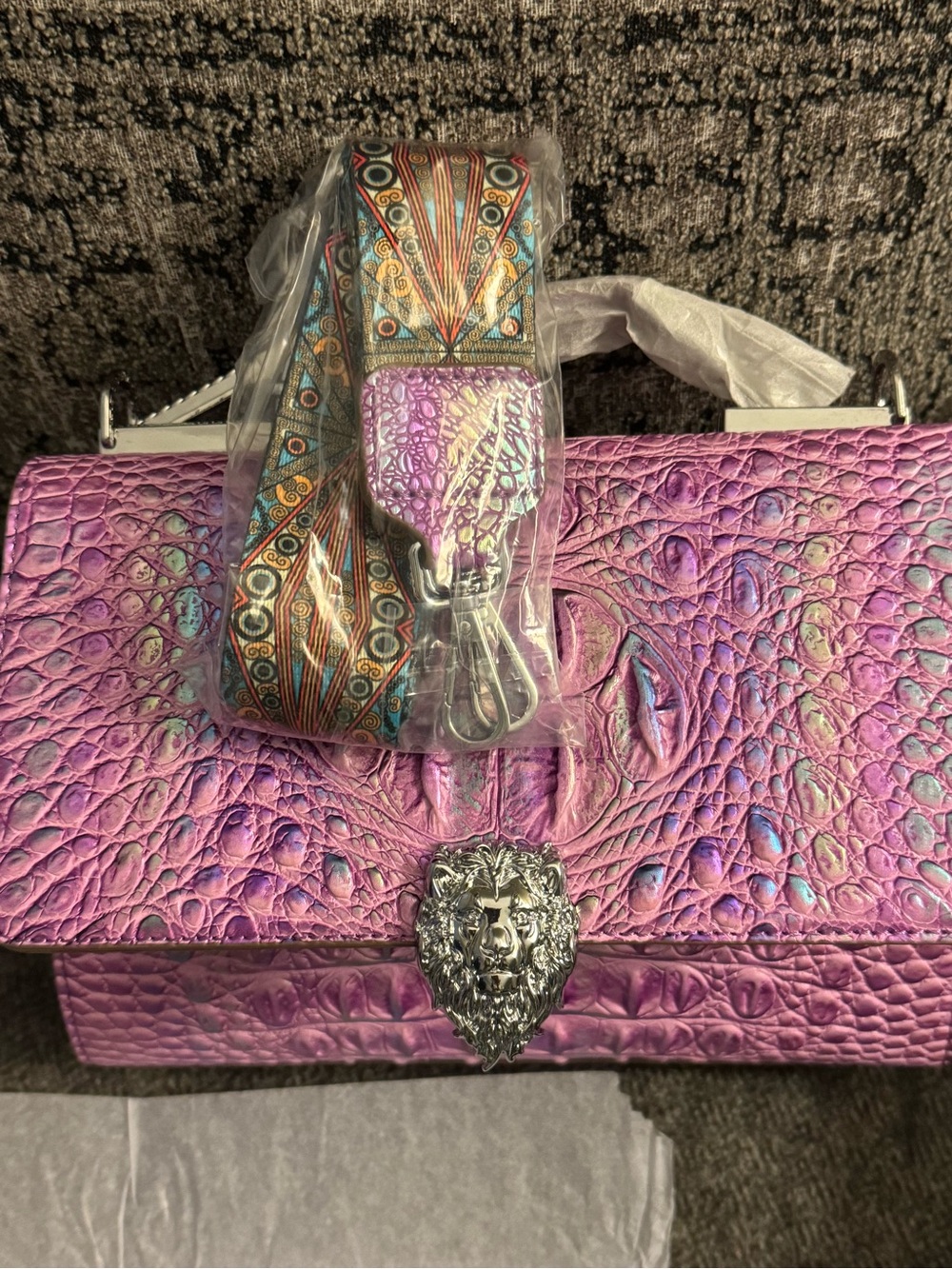 Purple Croc-Embossed Leather Handbag - Women Bags